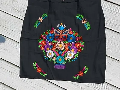 Falda Maya Mexican Skirt Embroidered Flowers Chiapas Black Rainbow Large 1550 • $24.90