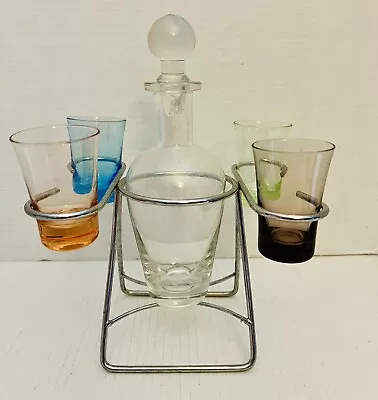 7 Piece Coquito Serving Set: Rack Decanter & Stopper 4 Colorful Shot Glasses • $25