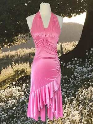 Y2k 2000s Taboo Halter Dress S Pink Long Asymmetric Rhinestone Ruched Padded VTG • $70