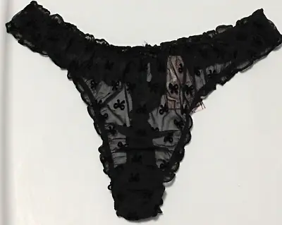 Victoria's Secret Black Thong Panties Size XL Black Flocked Bows Sheer Mesh • $25.24