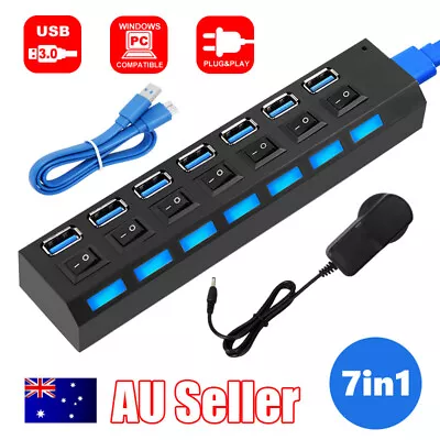 7 Port USB HUB 3.0 Powered Cable With High Speed Splitter Extender On/Off Switch • $19.85