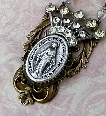 Miraculous Medal Necklace Rhinestone Religious Medal Pendant Crystal Beads • $31