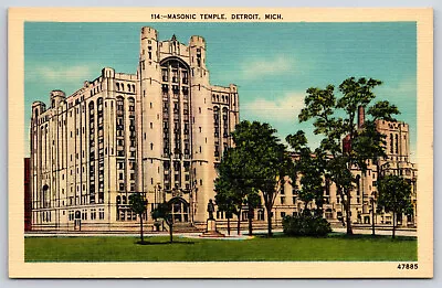 Detroit MI-Michigan Masonic Temple Vintage Linen Antique Postcard • $5.99