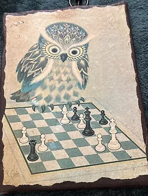 Vintage K Chin Owl Playing Chess Decoupage Art Print Wood Wall Art • $7
