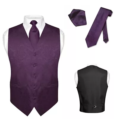 Men's Dress VEST NeckTie For Suit Tux DARK PURPLE PAISLEY Design Tie Hanky Set • $27.95