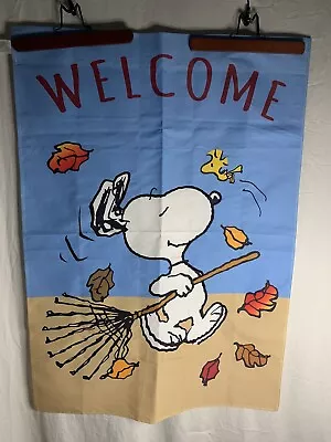 Peanuts  Welcome Snoopy Raking House Flag 27x40 2015 Woodstock Outside Decor • $13