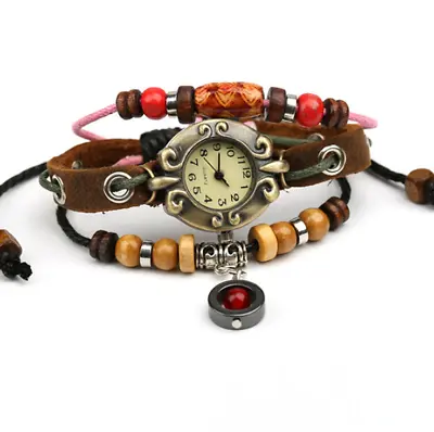 Quality Retro Vintage Charm Bead Unisex Cowhide Wrap Wristband Bracelet Watch • £3.68