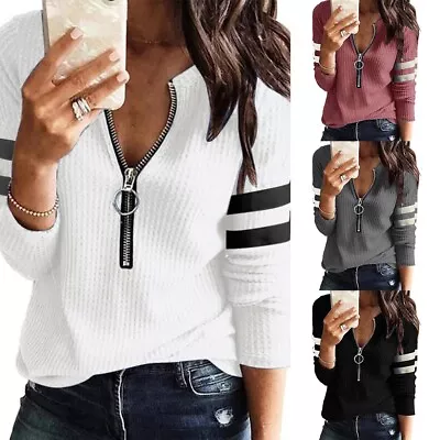 Tops For Women Splicing Striped Printed T Shirt Tee Tops V-Neck Zip Up • £11.92