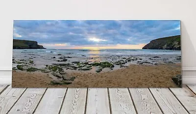 Mawgan Porth Beach At Sunset. Cornwall. Panoramic Framed Canvas Picture Print. • £79.95