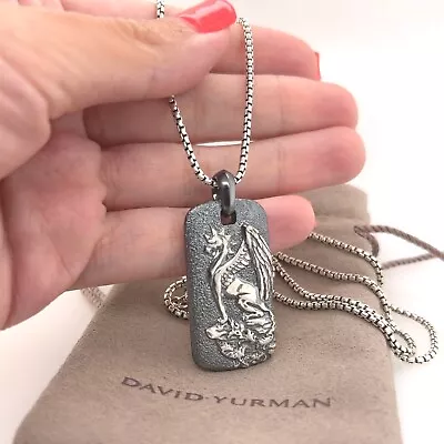 David Yurman Sterling Silver Dragon Griffin Dog Tag With 28  Inches Box Chain • $365