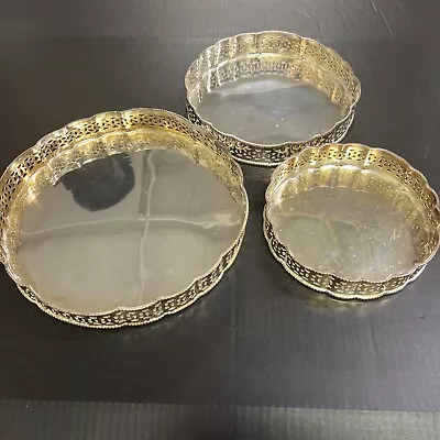 Vintage Set Of 3 Mirrored Vanity Serving Trays 12” 10” 8” Silver & Gold Toned • $34.99