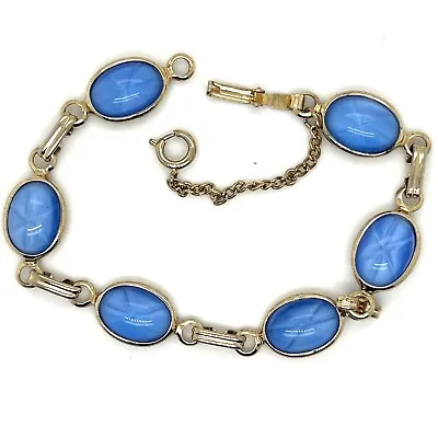 Vintage Gemstone Carved Scarab Beetle Link Vermeil Bracelet Size 7.5” BLUE • $28