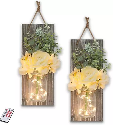 Mason Jar Wall Sconces With Remote Farmhouse Wood Wall Art Decor For Home Living • $18.99