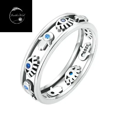 Genuine Sterling Silver 925 Lucky Hamsa Evil Eye Protection Band Ring Blue CZ • £16.99