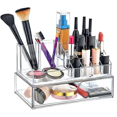 Acrylic Cosmetics Organizer With Drawer 12 Lipstick Makeup Brush Holder Jewelry • £9.99