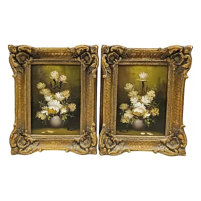 Vintage Ann Julia Rant Oil Paintings Bowl Of White Roses Gold Gesso Frame Pair • $175
