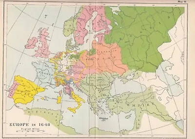 C1910s Continent Of Europe In 1648 Coloured Map Print Cambridge Modern History • £13.95