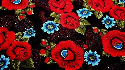 Vintage Red Black Cabbage Rose Paisley Cotton Floral Quilt Doll Fabric Scraps  • $7.50