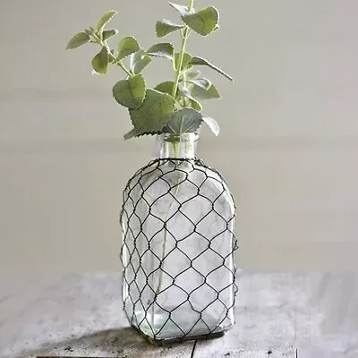 Bottle Glass Vase 8  Tall Wrapped In Chicken Wire Homestead Home Decor • $38