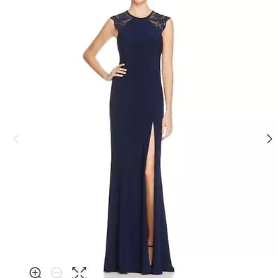 Faviana Women's Lace Shoulder Gown Size 6 Navy Blue Thigh Slit High Neck  • $85