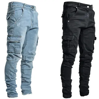 Mens Ripped Jeans Stretch Skinny Trousers Casual Stretch Slim Denim Jogger Pants • $34.51