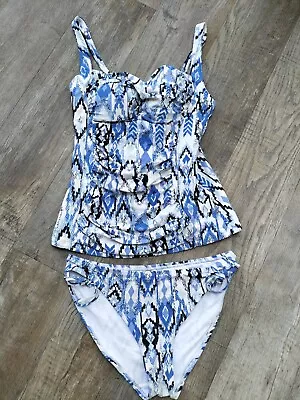 M&s Blue & White Print Padded Cup Tummy Control Tankini & Bikini Bottoms Size 12 • £10