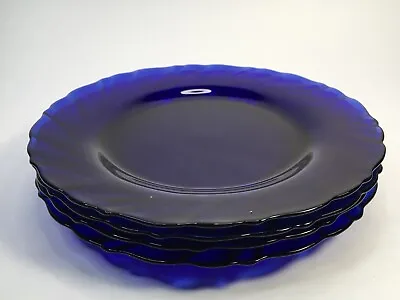 Set Of 4 VTG  Cobalt Blue Glass Vereco France 7.25  Salad Plates Swirl Pattern • $29.98