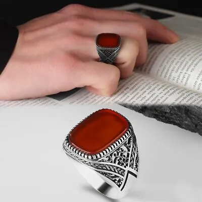 Real Pure Sterling Silver Ring 925 For Men Natural Red Agate Aqeeq  Stone • $64