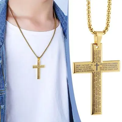 Cross Necklace Men Women Stainless-Steel Engrave Lord's Prayer Pendant Chain  B • $1.93