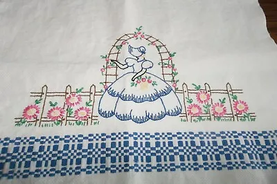 Vintage Woven Border Hand Embroidery Southern Belle Trellis Garden Tea Towel • $12