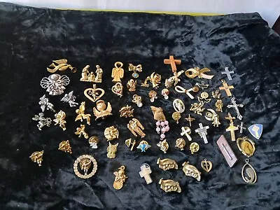 Lot Vintage Christian Pieces Religious Pins Pendants Bracelet Crosses Angels • $9.99