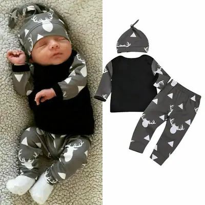 New Born Baby Boy 3pcs Clothes Outfits Shirt Tops Pants Hat Infant Bodysuit Set • $30.79