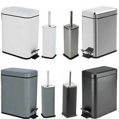 Rectangular 5L Slim Lid Pedal Bin Toilet Brush Holder Soft Close Waste DustBin • £17.90