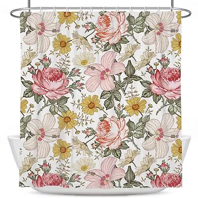 Pale Pink Floral Shower Curtain Vintage Plant Watercolor Colorful Yellow Gree... • $30.78