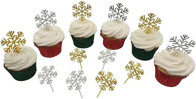 £3.50 • Buy 12 X GOLD / SILVER SNOWFLAKE Christmas Cake Decorations Yule Log Cupcake Toppers