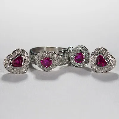 Ruby Heart Diamond Ring Pendant Earrings Set 18k White Gold Diamond Halo • $2499