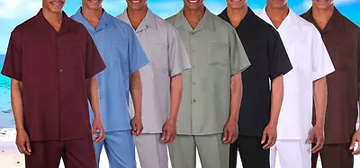 New Men's 2pc Walking Suit Short Sleeve Casual Shirt & Pants Set Solid #2954  • $44.99