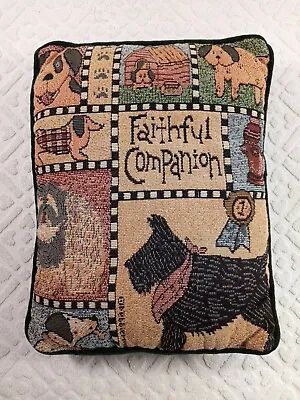 VTG Needlepoint Throw Pillow  Faithful Companion  13 X10  Dogs Green Velvet Back • $12.17