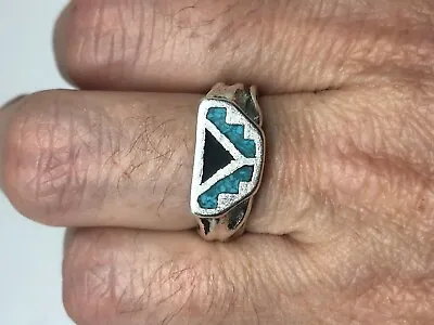 Vintage Southwestern Turquoise Silver White Bronze Inlay Size 7.5 Ring • $44