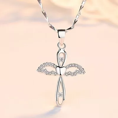 925 Silver Cross Wings Angel Pendant Necklace Choker Clavicle Women Jewelry • $2.22