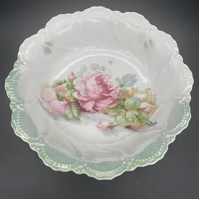 Vintage Leuchtenburg Germany Serving Bowl Pink Roses/ Blue Trim Hand Painted EUC • $22.96