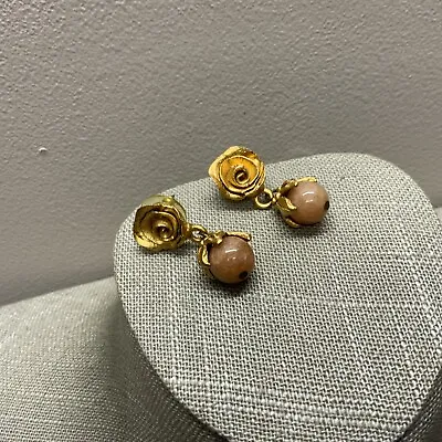 Vintage Pierced Gold Tone Rhodonite Beaded Rose Earrings  • $9.99