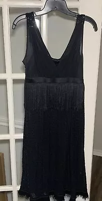 ECI New York Sz 4 Black Cocktail Dress Empire Waist Flapper Fringe Sequins • $15