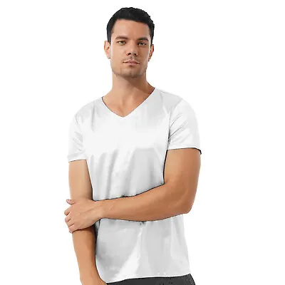 Men's Satin Short Sleeve T-Shirt Solid Blouse Loose Pajamas Top Sleepwear Shirts • £15.59