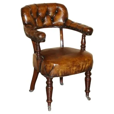 Restored Brown Leather William Iv 1830 Mahogany Chesterfield Captains Armchair • £2850