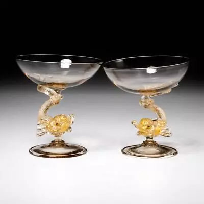 Vintage Handblown Murano Gold Dolphin Champagne Cocktail Coupe Glass Pair • $84