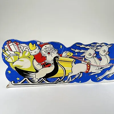 VTG CHRISTMAS STORE DISPLAY SANTA SLEIGH REINDEER THICK CARDBOARD SIGN 27” 1950s • $128.69