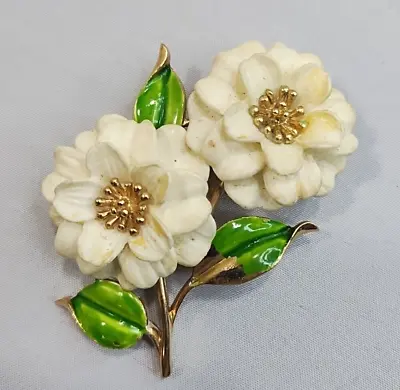 Vintage Trifari Brooch Flower Enamel White Designer Costume Jewelry Signed • $30