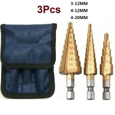 3pc Large Hss Step Cone Drill Titanium Bit Set Hole Cutter 3 Piece + Blue Pouch • £5.89