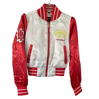 Ecko Red Womens Size Small White Satin Jacket Red Coat Full Zip Vintage ESO1003R • $53.89